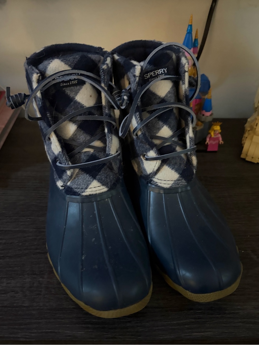 Sperry Navy & White Plaid Kids Duck Boots